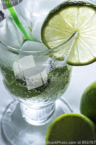 Image of Mojito cocktail and limes above view
