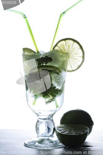 Image of Mojito cocktail and limes in counter light