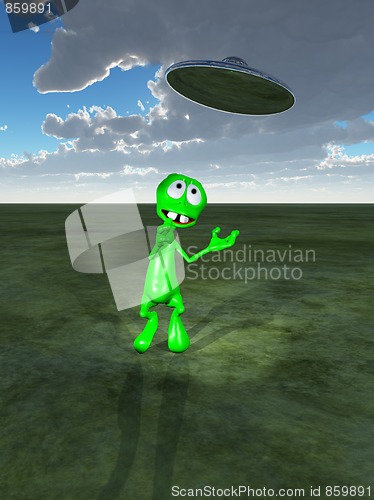 Image of Little Green Alien And UFO