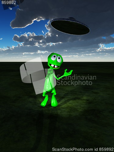 Image of Little Green Alien And UFO