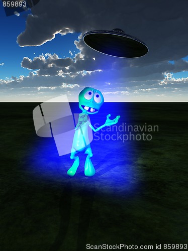 Image of Little Green Alien And UFO