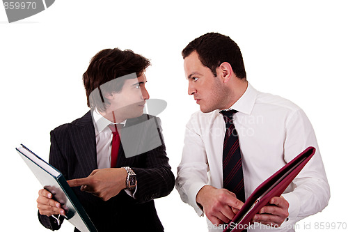 Image of two businessmen discussing because of work