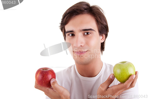 Image of Portrait of a young man with two apples in their hands: green and red