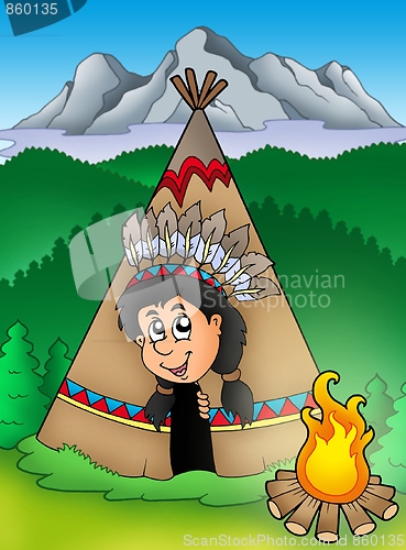 Image of Native American Indian in tepee