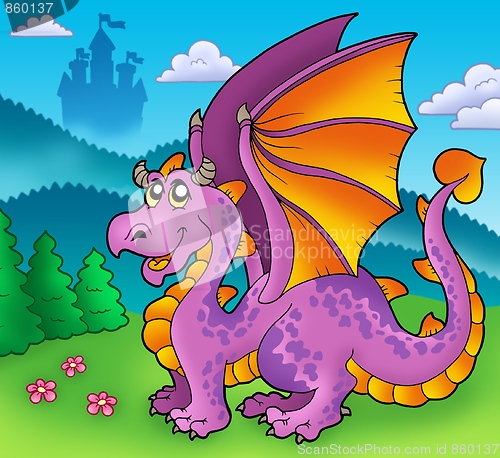 Image of Giant purple dragon with old castle