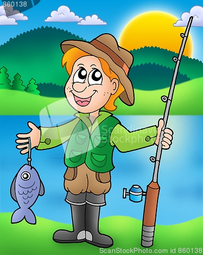 Image of Cartoon fisherman with fish