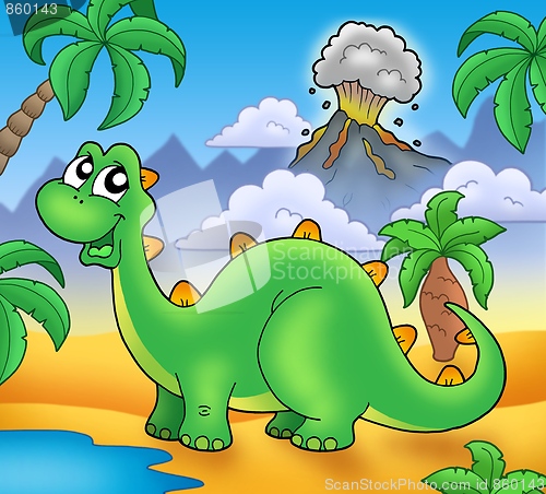 Image of Cute green dinosaur with volcano