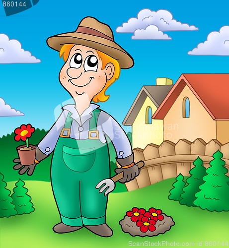 Image of Gardener planting red flowers