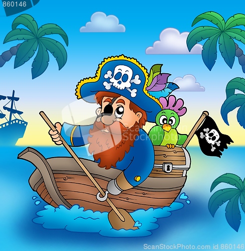 Image of Cartoon pirate paddling in boat