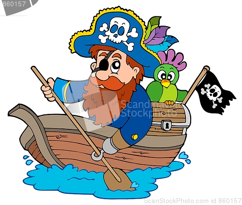 Image of Pirate with parrot paddling in boat