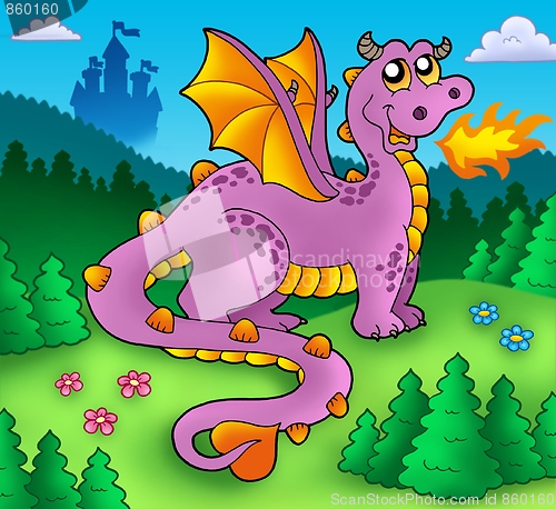 Image of Big purple dragon with old castle