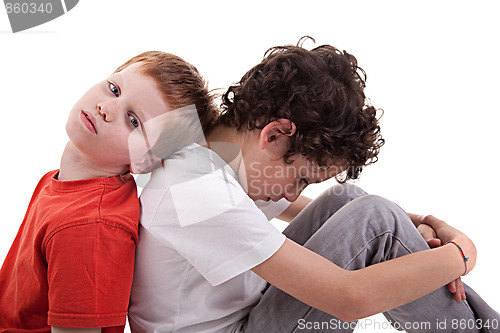 Image of Young boy back to back, sitting