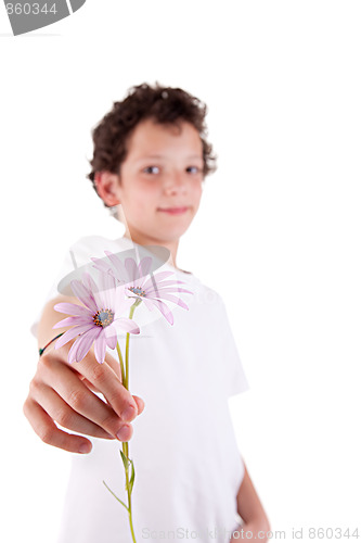 Image of cute boy offering flowers