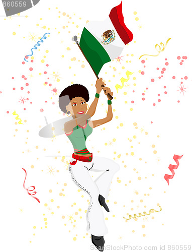 Image of Black Girl Mexico Soccer Fan with flag.