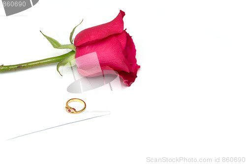 Image of card, ring and rose  a conept of valentine and engagement
