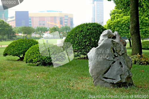 Image of Manicured bush and stone