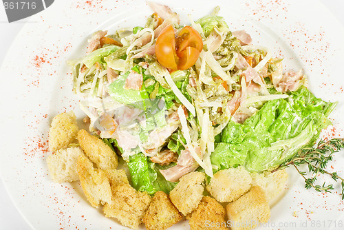 Image of salad of meat, vegetable and dried crust