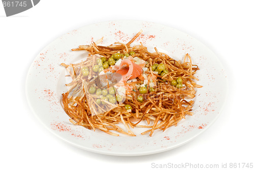 Image of Russian salad with salmon fish closeup