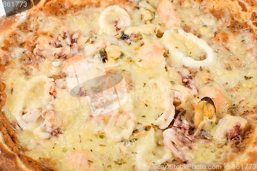 Image of Seafood pizza closeup