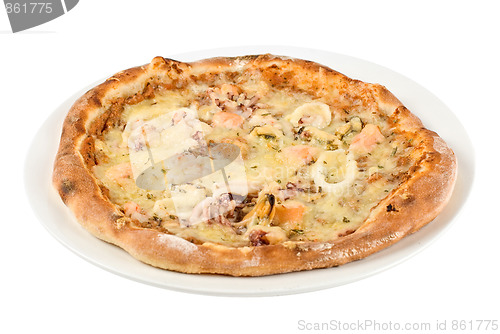 Image of Seafood pizza closeup