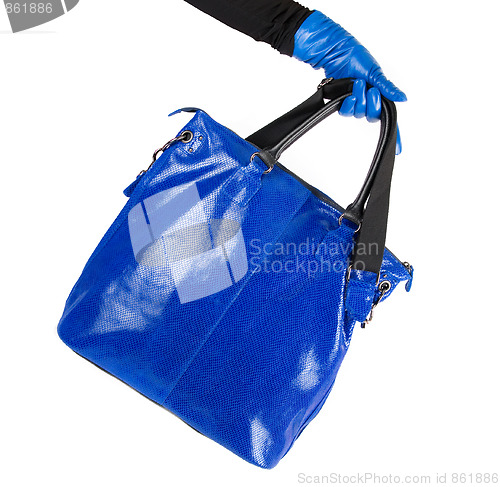 Image of blue women bag at hand