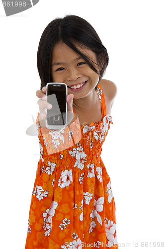 Image of cute girl showing her cellular phone