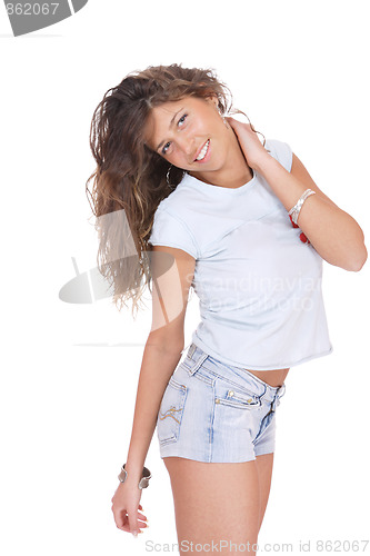 Image of young woman in jeans shorts