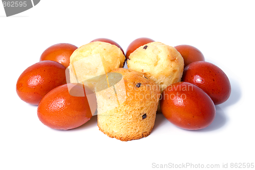 Image of Russian Easter food colored eggs and cakes