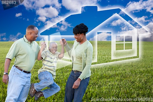 Image of Family Over Grass Field, Clouds, Sky and House Icon