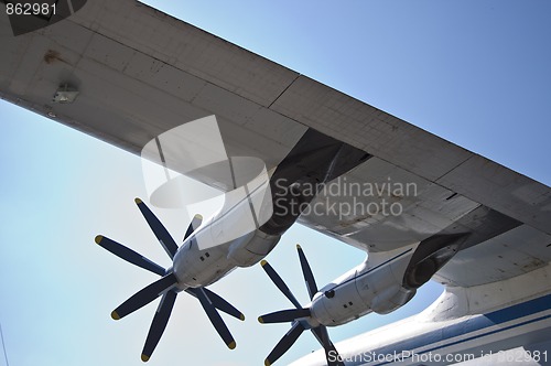 Image of Detail view of a AN-22 wing and turboprop motors