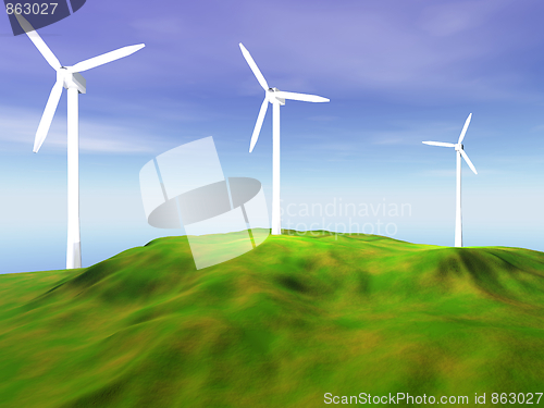 Image of Wind turbines on green hill