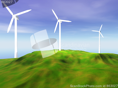 Image of Wind turbines on green hill