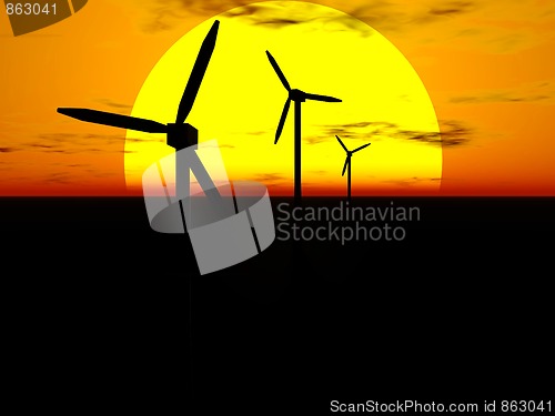Image of Wind turbines and sun