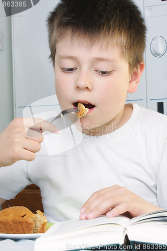 Image of Boy at breakfast with book