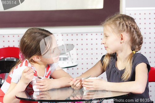 Image of Girls in cafe eating curd