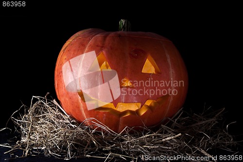 Image of Halloween Pumpkin, inside lit by light, creepy looking
