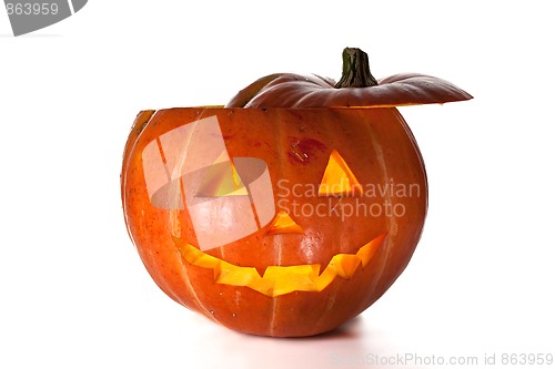 Image of Halloween Pumpkin, inside lit by light, creepy looking