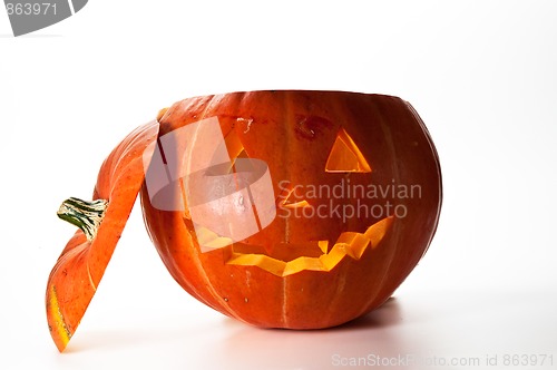 Image of Halloween Pumpkin, inside lit by light, creepy looking