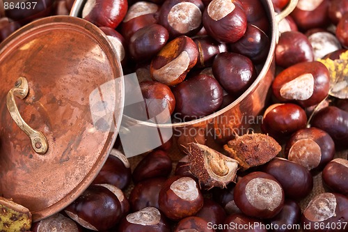 Image of Chestnuts and copper kettle, autumn concept image