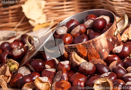 Image of Chestnuts and copper kettle, autumn concept image