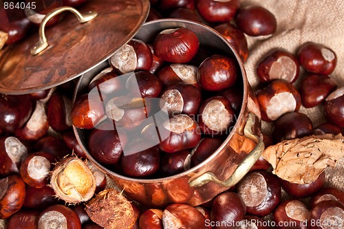 Image of Chestnuts and copper kettle, autumn concept image