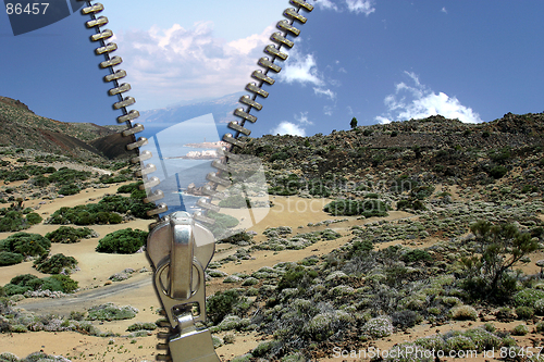 Image of Zipper concept. Desert and ocean