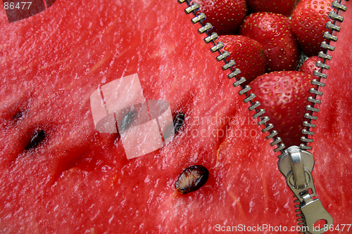 Image of Zipper concept. Watermelon and strawberries