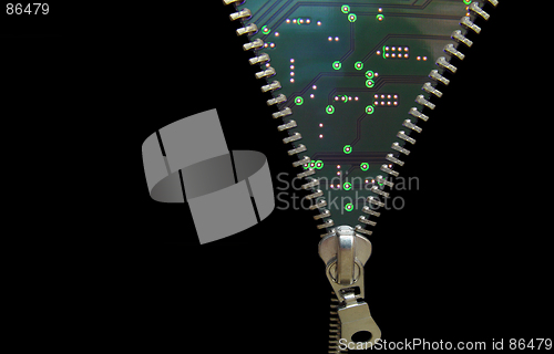 Image of Zipper concept. Revealing technology. Microchip and black background for your ideas.