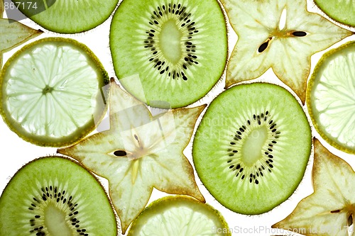 Image of Sliced Kiwifruit, Lemon and Starfruit isolated on white
