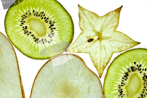 Image of Sliced Kiwifruit, Pear and Starfruit isolated on white