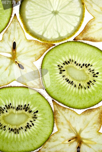 Image of Sliced Kiwifruit, Lemon and Starfruit isolated on white