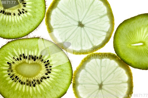 Image of Sliced Kiwifruit, Lemon and Starfruit isolated on white