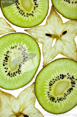 Image of Sliced Kiwi and Carambola Starfruit isolated on white
