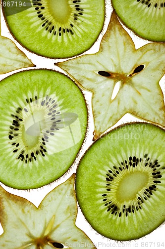 Image of Sliced Kiwi and Carambola Starfruit isolated on white